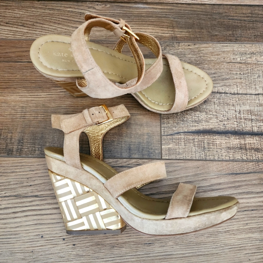 Kate spade New York Open Toe Strap Gray High Wedge Heel Buckle Ankle Size 7.5